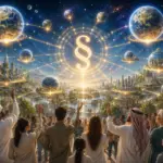 Radiant cosmic city under Virgo symbol, evoking world constitution, global law, and unity.