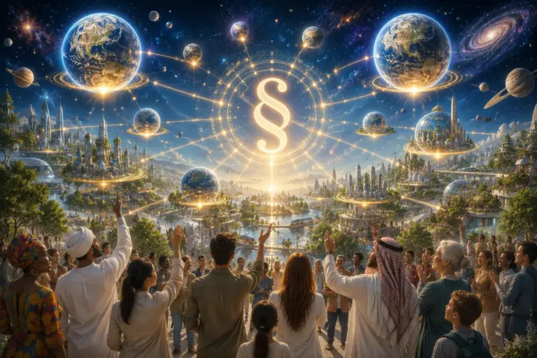 Radiant cosmic city under Virgo symbol, evoking world constitution, global law, and unity.