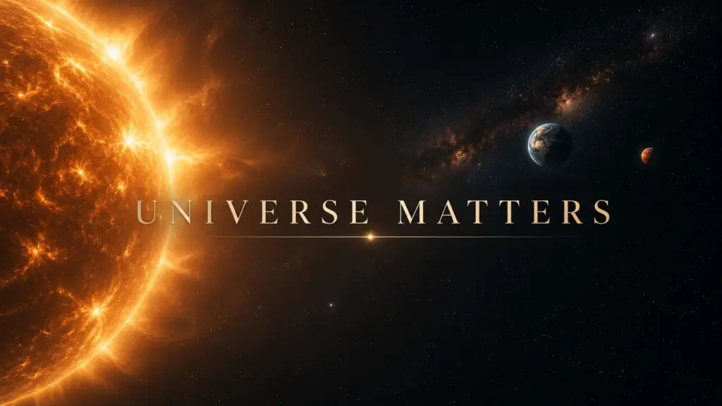 Universe Matters cosmic light title card with glowing orange burst and centred text.