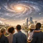 People gaze up at a glowing galaxy above a futuristic cityscape.