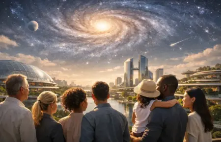 People gaze up at a glowing galaxy above a futuristic cityscape.