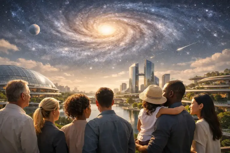 People gaze up at a glowing galaxy above a futuristic cityscape.