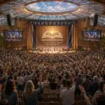 Packed worship crowd raising hands towards a glowing stage in a grand futuristic hall.