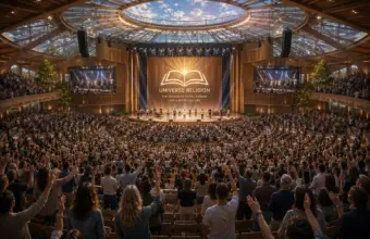 Eine dicht gedrängte Menge von Gottesdienstbesuchern, die in einer prächtigen, futuristisch anmutenden Halle ihre Hände in Richtung einer leuchtenden Bühne erheben.