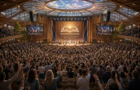 Packed worship crowd raising hands towards a glowing stage in a grand futuristic hall.