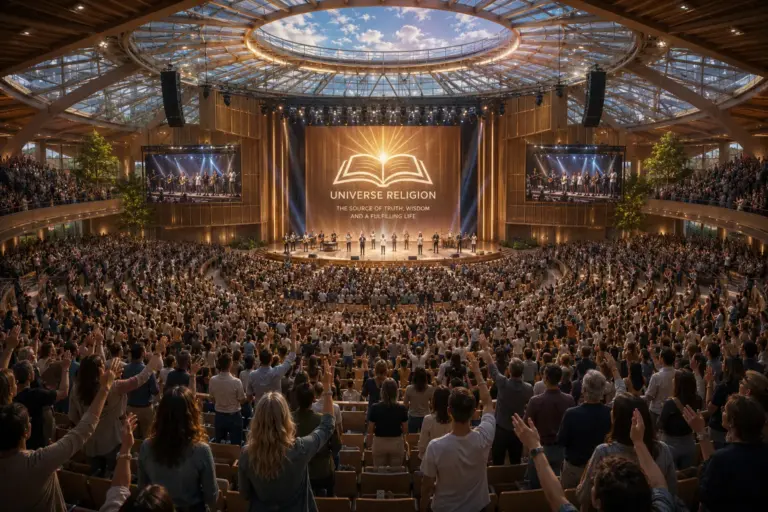 Packed worship crowd raising hands towards a glowing stage in a grand futuristic hall.
