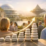 People at sunset around sacred stones in a futuristic eco-city.