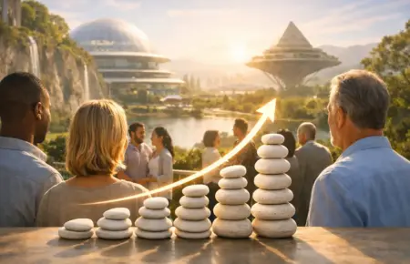 People at sunset around sacred stones in a futuristic eco-city.