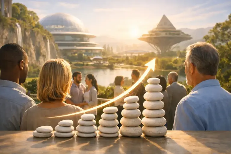 People at sunset around sacred stones in a futuristic eco-city.