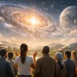 People gazing at a sacred cosmic vision of a glowing galaxy and planets.