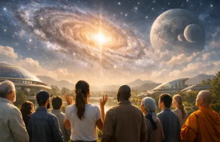 People gazing at a sacred cosmic vision of a glowing galaxy and planets.