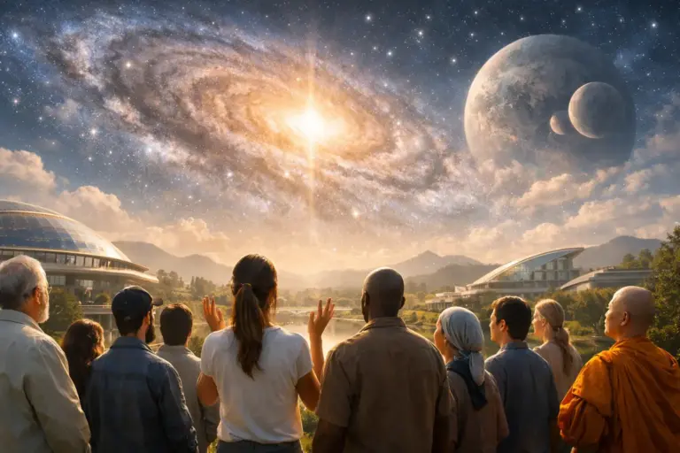 People gazing at a sacred cosmic vision of a glowing galaxy and planets.