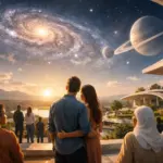 People on a terrace gaze at a surreal cosmic sky with galaxy and ringed planet.