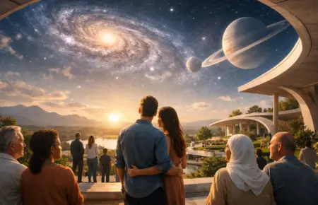 People on a terrace gaze at a surreal cosmic sky with galaxy and ringed planet.