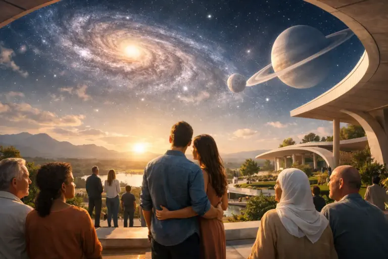 People on a terrace gaze at a surreal cosmic sky with galaxy and ringed planet.