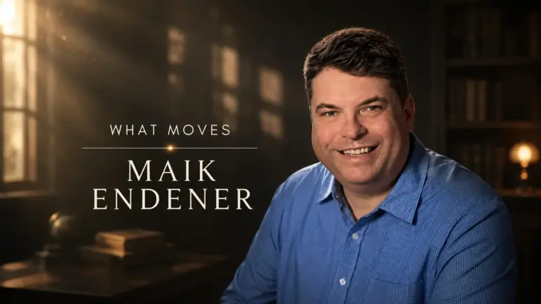 Maik Endener interview portrait beside “What Moves” title.