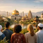 Five adults gaze across a lake at a golden-domed temple skyline and distant mountains.