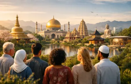 Five adults gaze across a lake at a golden-domed temple skyline and distant mountains.