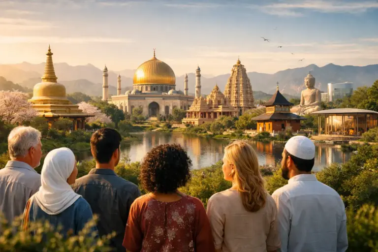 Five adults gaze across a lake at a golden-domed temple skyline and distant mountains.
