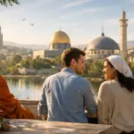 Monk, young man and woman overlook a golden shrine across calm water.