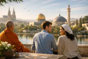 Monk, young man and woman overlook a golden shrine across calm water.