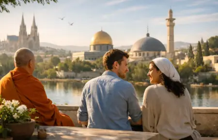 Monk, young man and woman overlook a golden shrine across calm water.