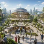Futuristic eco-city with glass dome, green terraces, and walkable smart urban planning.