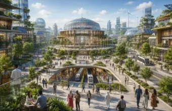 Une éco-ville futuriste dotée d'un dôme de verre, de terrasses végétalisées et d'un aménagement urbain intelligent favorisant la mobilité piétonne.