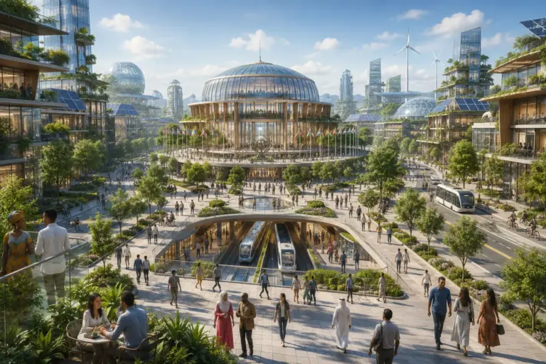 Futuristic eco-city with glass dome, green terraces, and walkable smart urban planning.