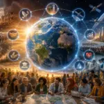 Glowing Earth with global networks, conflict and progress, and leaders discussing planetary democracy.
