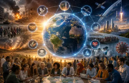 Glowing Earth with global networks, conflict and progress, and leaders discussing planetary democracy.
