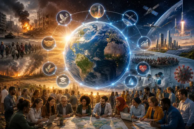 Glowing Earth with global networks, conflict and progress, and leaders discussing planetary democracy.