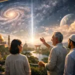 Three people view a sacred landscape beneath a cosmic sky and glowing golden temple.
