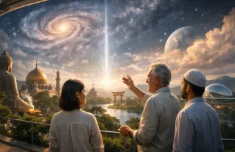 Three people view a sacred landscape beneath a cosmic sky and glowing golden temple.