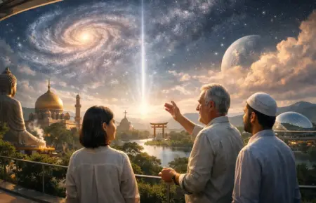 Three people view a sacred landscape beneath a cosmic sky and glowing golden temple.