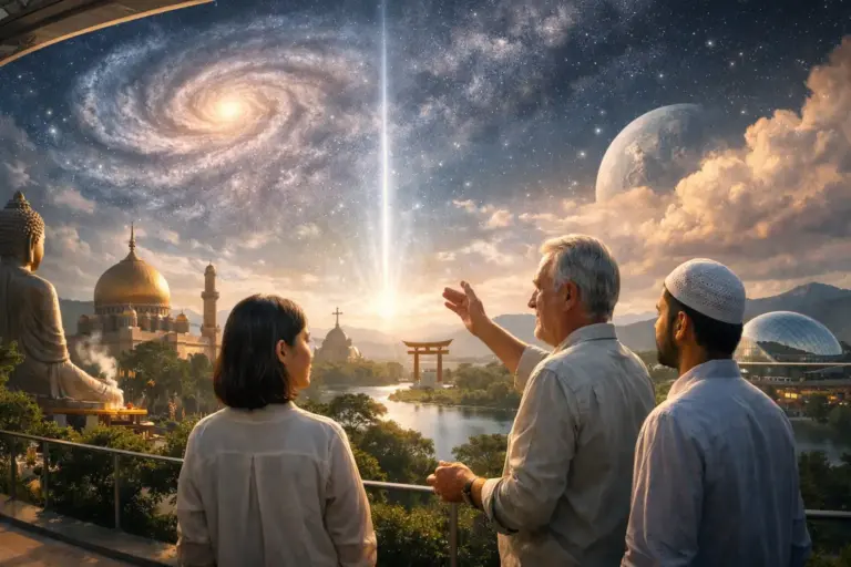 Three people view a sacred landscape beneath a cosmic sky and glowing golden temple.