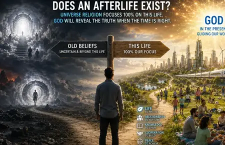 Split scene of afterlife choice: hell on left, heaven with God on right.