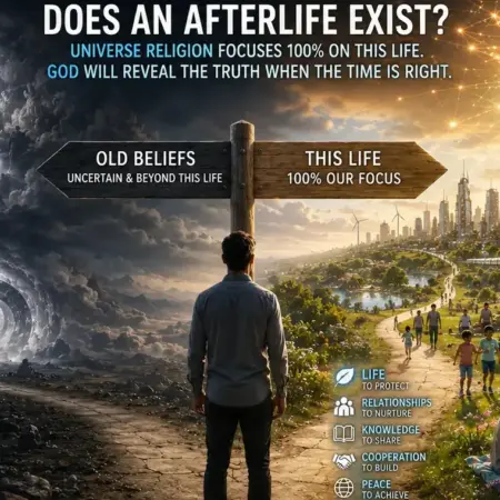 Split scene of afterlife choice: hell on left, heaven with God on right.