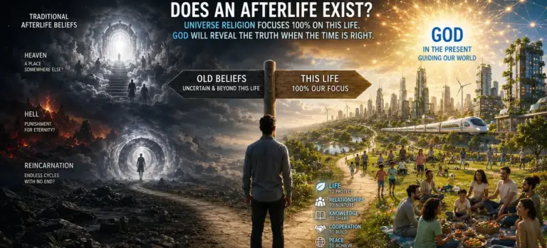 Split scene of afterlife choice: hell on left, heaven with God on right.