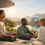 What is General Spirituality? Three people meditating by a lake with mountains, soft sunlight and modern architecture.
