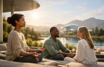 Three people meditating by a lake with mountains, soft sunlight and modern architecture.