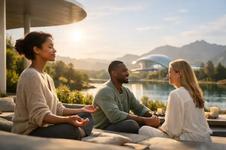 Three people meditating by a lake with mountains, soft sunlight and modern architecture.