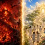 Heaven and Hell split scene: fiery inferno beside radiant paradise with robed pilgrims.