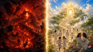 Heaven and Hell split scene: fiery inferno beside radiant paradise with robed pilgrims.