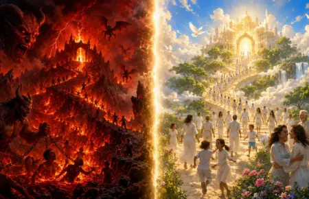 Heaven and Hell split scene: fiery inferno beside radiant paradise with robed pilgrims.