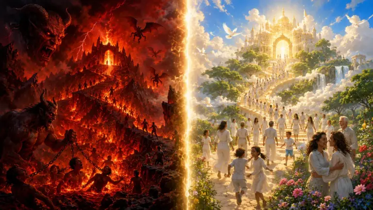 Heaven and Hell split scene: fiery inferno beside radiant paradise with robed pilgrims.
