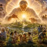 Is GOD Good? Radiant divine giant blesses a utopian cityscape of gardens, bridges and peaceful people.