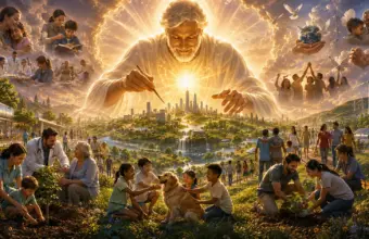 Radiant divine giant blesses a utopian cityscape of gardens, bridges and peaceful people.