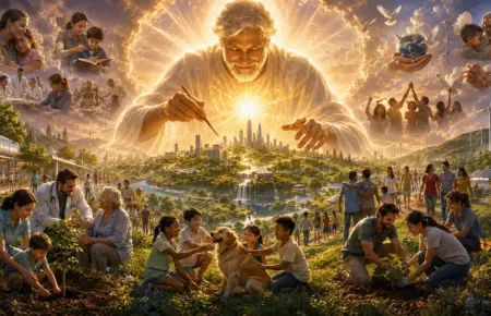 Radiant divine giant blesses a utopian cityscape of gardens, bridges and peaceful people.