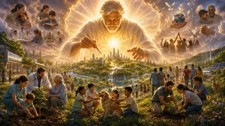 Radiant divine giant blesses a utopian cityscape of gardens, bridges and peaceful people.